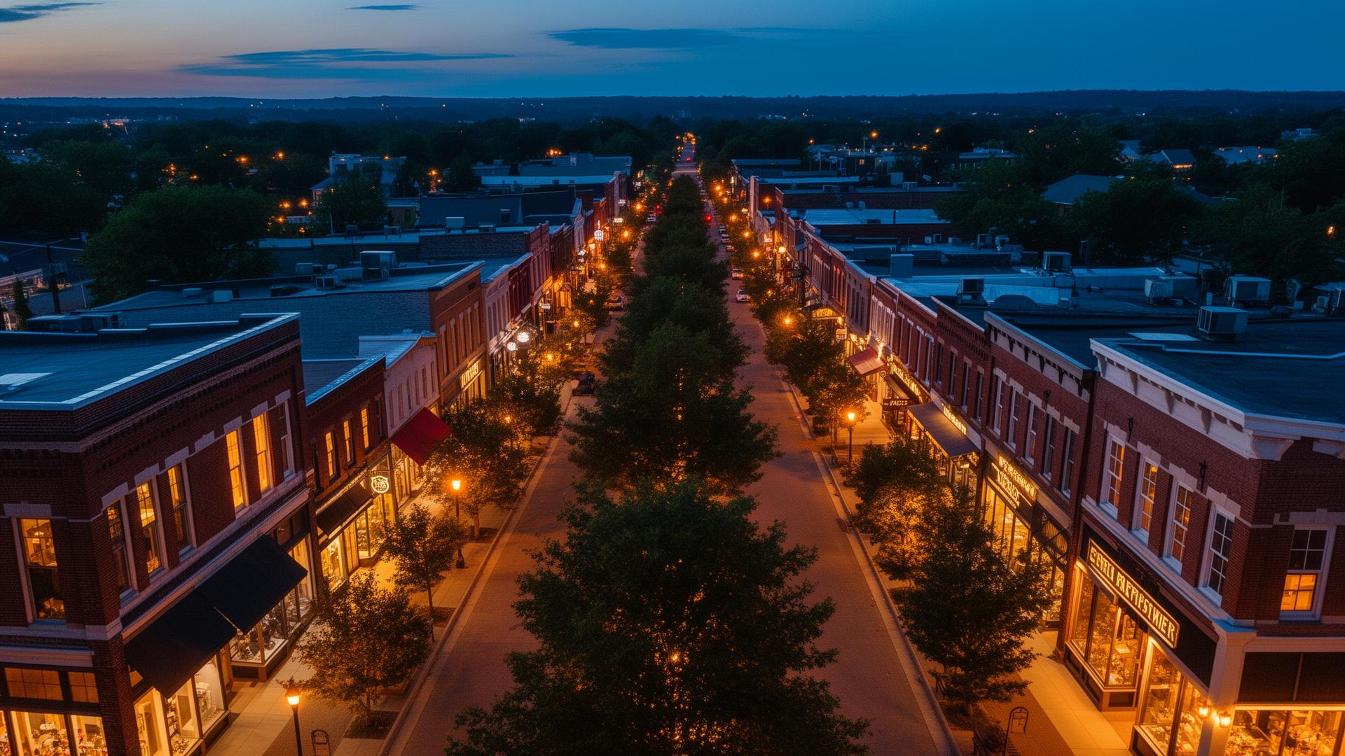 Aerial twilight view of a vibrant downtown district