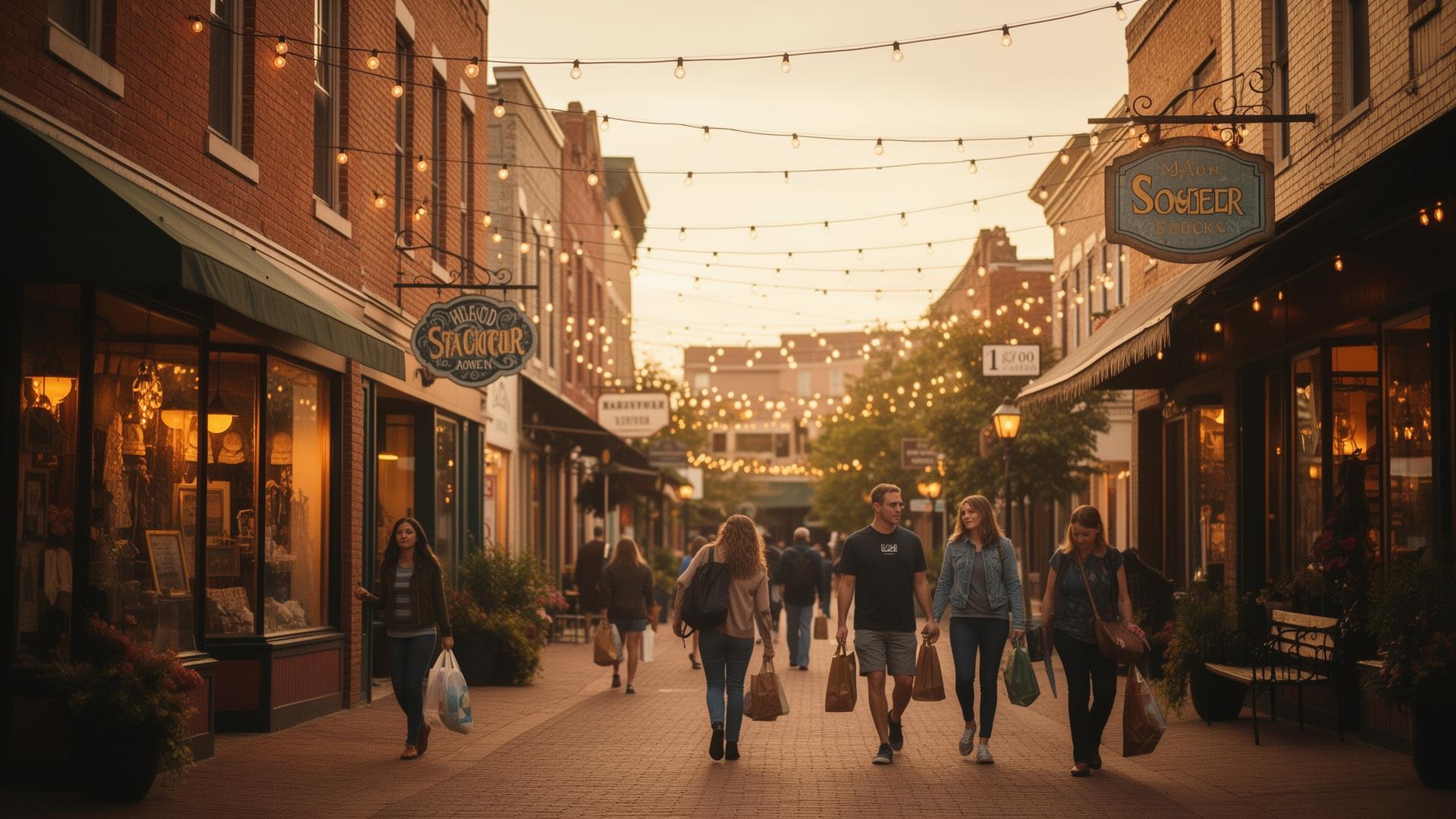 Bustling Main Street at golden hour with independent storefronts and string lights