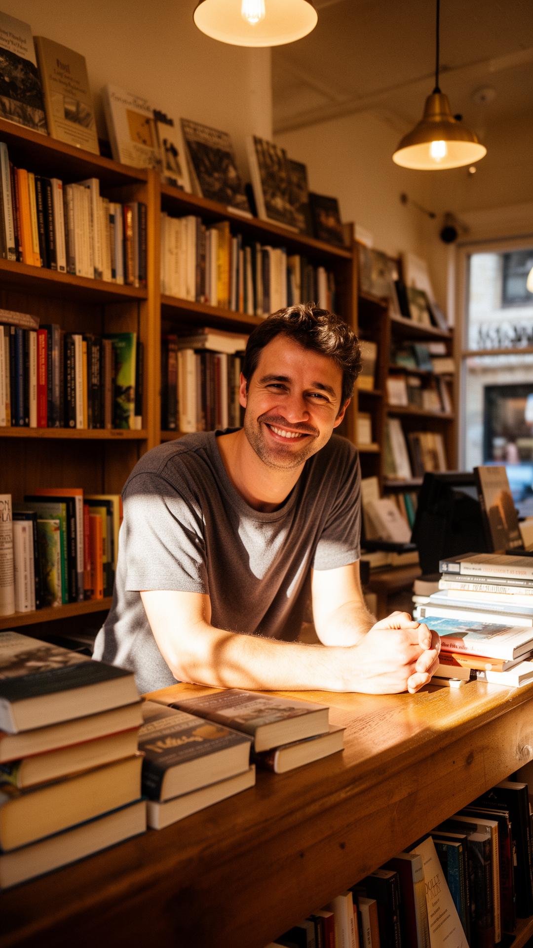 Independent bookstore owner behind the counter